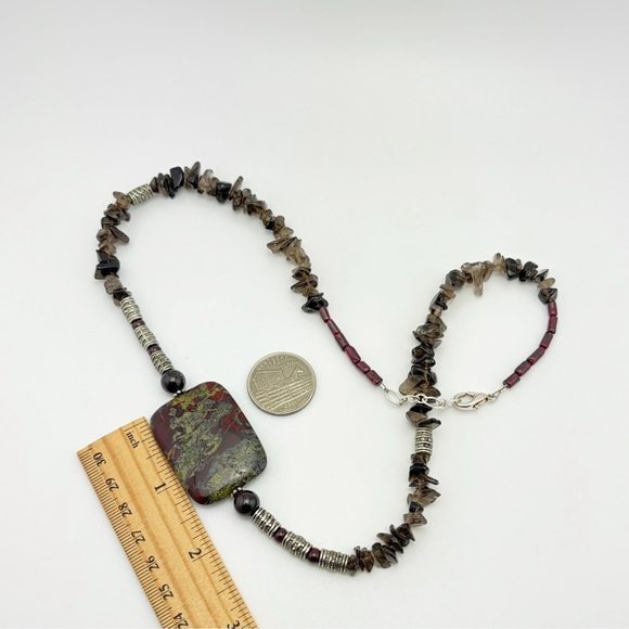 Vintage Dragon's Blood Jasper Smokey Quartz Rhodolite Garnet Necklace Sterling - Picture 6 of 7
